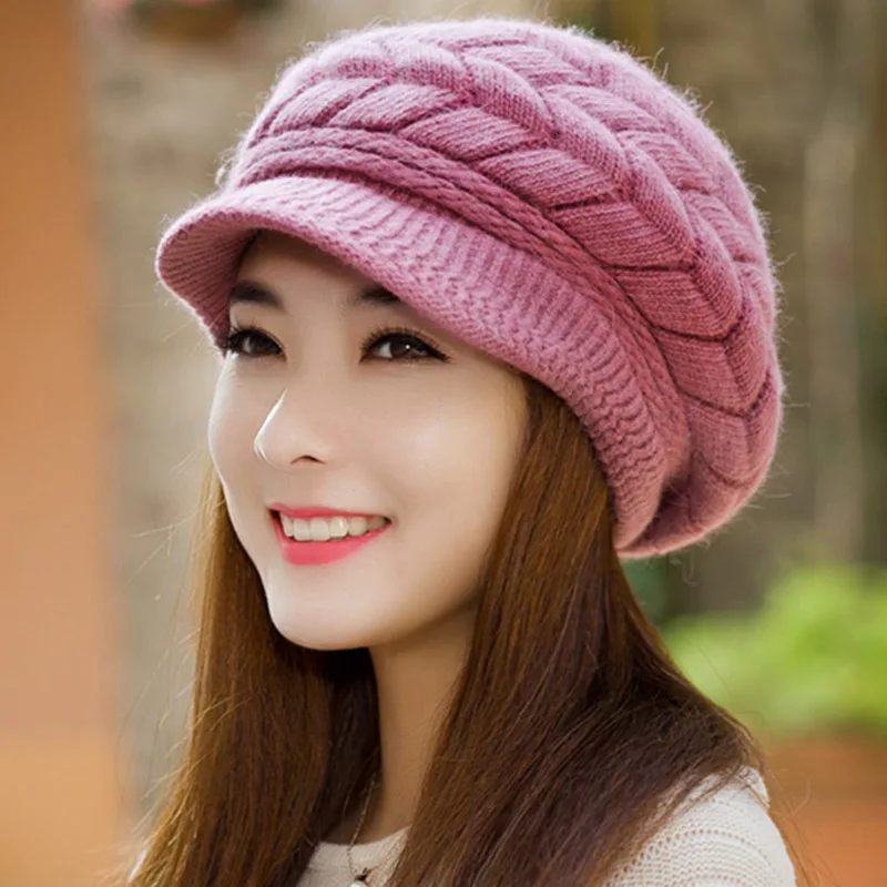Women's winter solid color warm knitting loose beret leisure ski cap Korean version beret plus velvet thick knitting ear cap - Image 12