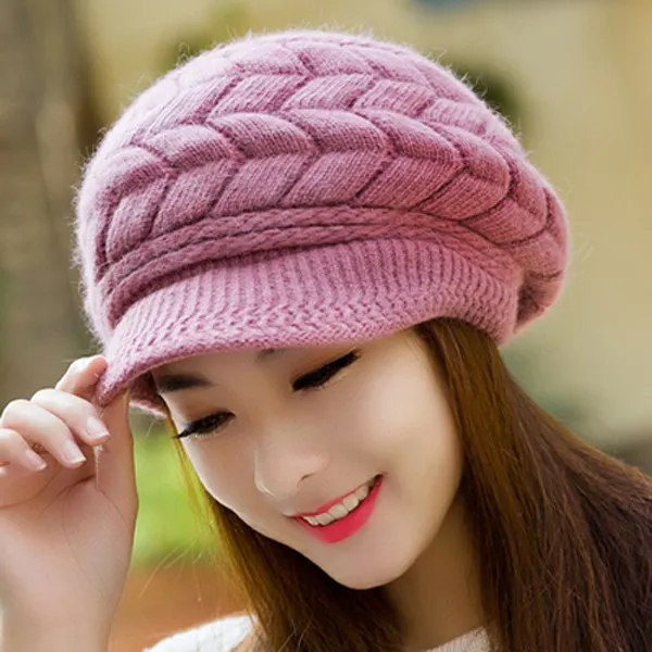 Women's winter solid color warm knitting loose beret leisure ski cap Korean version beret plus velvet thick knitting ear cap - Image 3