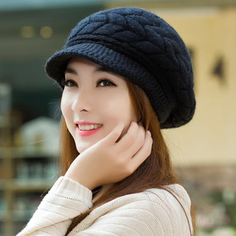 Women's winter solid color warm knitting loose beret leisure ski cap Korean version beret plus velvet thick knitting ear cap - Image 9