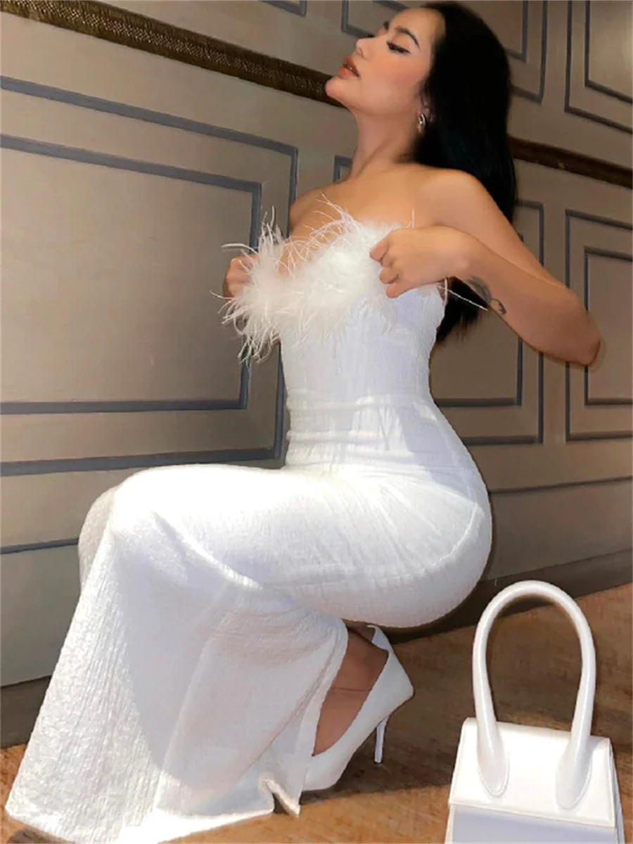 wsevypo Elegant Feathers Strapless Wrap Party Dress Women  Sleeveless Off Shoulder Split Hem Evening Dresses Gown Prom Vestidos - Image 5