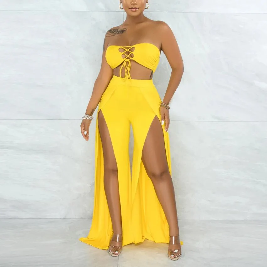 wsevypo Women Sexy Two-piece Bandeau Sets Solid Color Lacing Strapless Bra+Slit Wide Leg Pants Summer Party Office Lady Suits