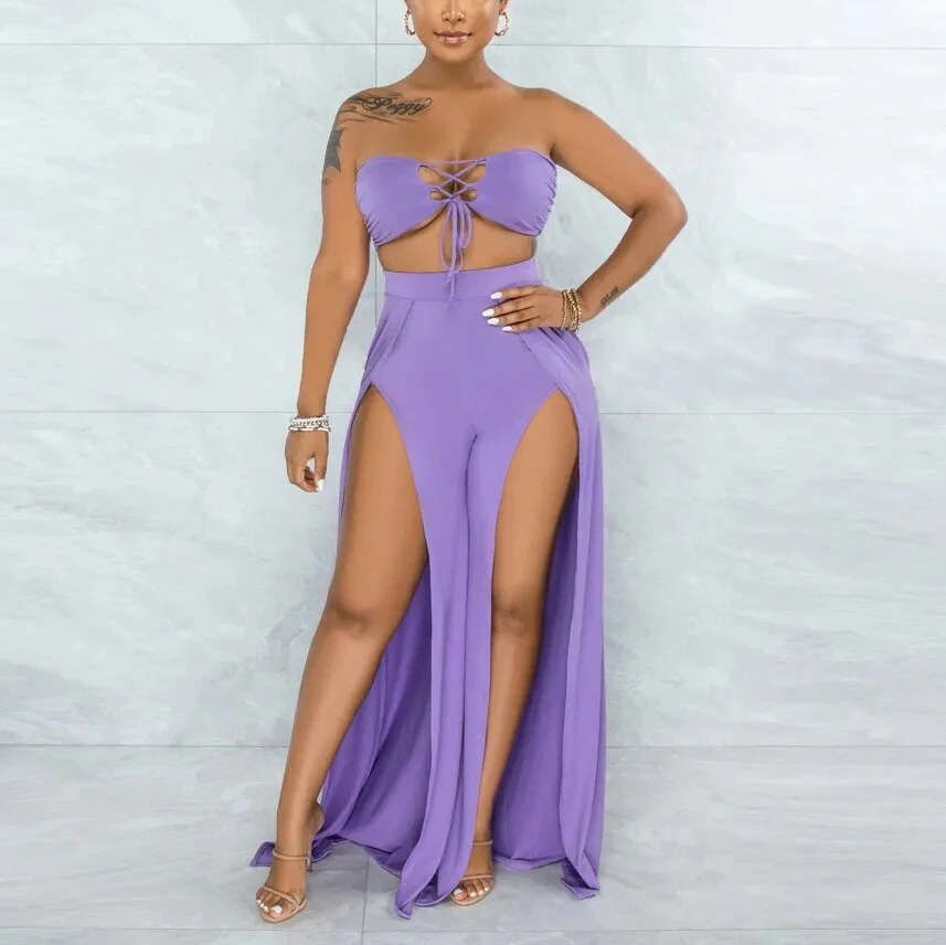 wsevypo Women Sexy Two-piece Bandeau Sets Solid Color Lacing Strapless Bra+Slit Wide Leg Pants Summer Party Office Lady Suits - Image 4