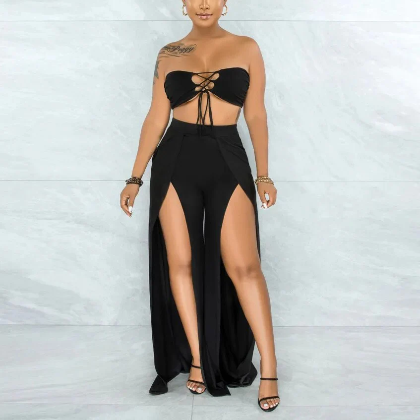 wsevypo Women Sexy Two-piece Bandeau Sets Solid Color Lacing Strapless Bra+Slit Wide Leg Pants Summer Party Office Lady Suits - Image 6