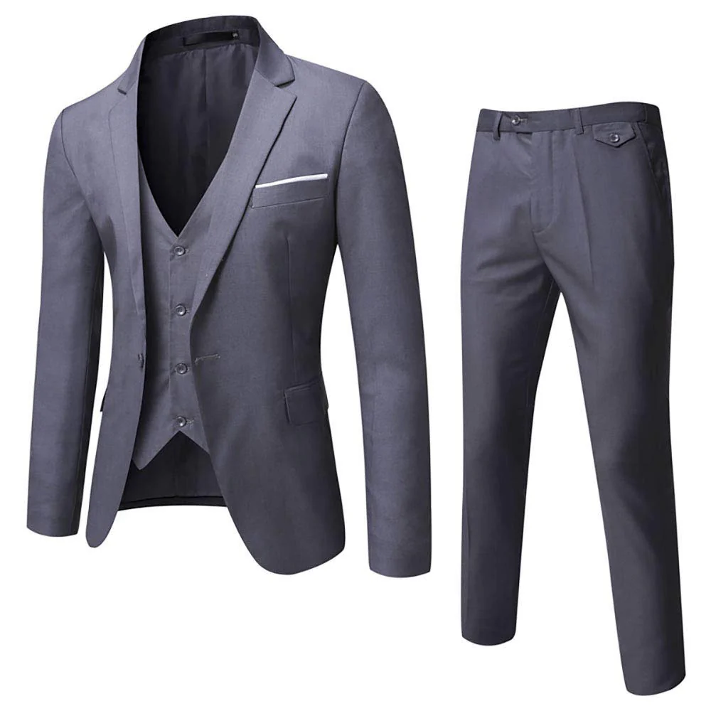 WULFUL Men’s Suit Slim Fit One Button 3-Piece Suit Blazer Dress Business Wedding Party Jacket Vest & Pants Dark Grey