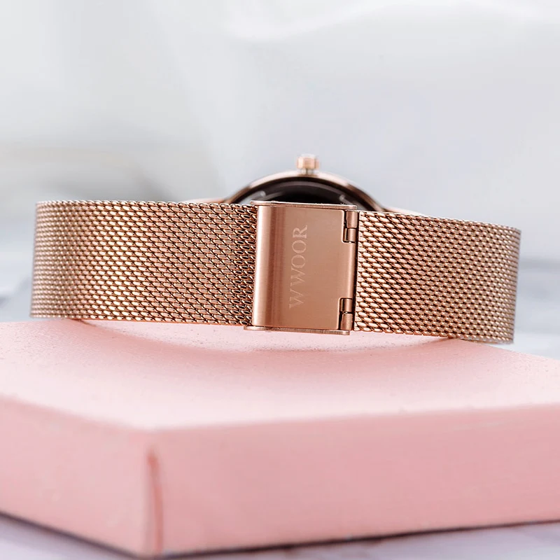 WWOOR Luxury Diamond Ladies Watches 2022 Top Brand Fashion Women Quartz Wrist Watch Rose Gold Mesh Band Bracelet Watch For Women - Image 10