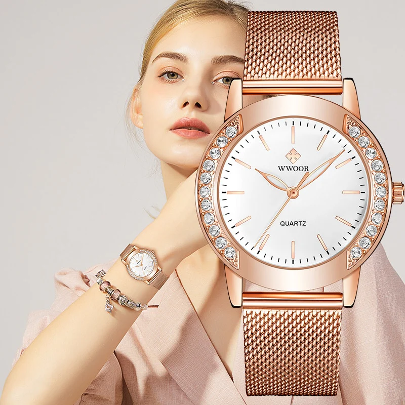 WWOOR Luxury Diamond Ladies Watches 2022 Top Brand Fashion Women Quartz Wrist Watch Rose Gold Mesh Band Bracelet Watch For Women - Image 11