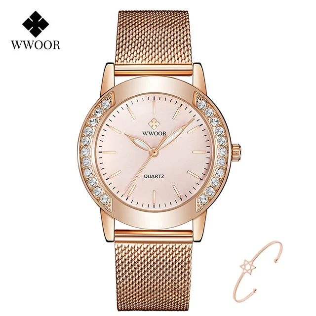 WWOOR Luxury Diamond Ladies Watches 2022 Top Brand Fashion Women Quartz Wrist Watch Rose Gold Mesh Band Bracelet Watch For Women - Image 2