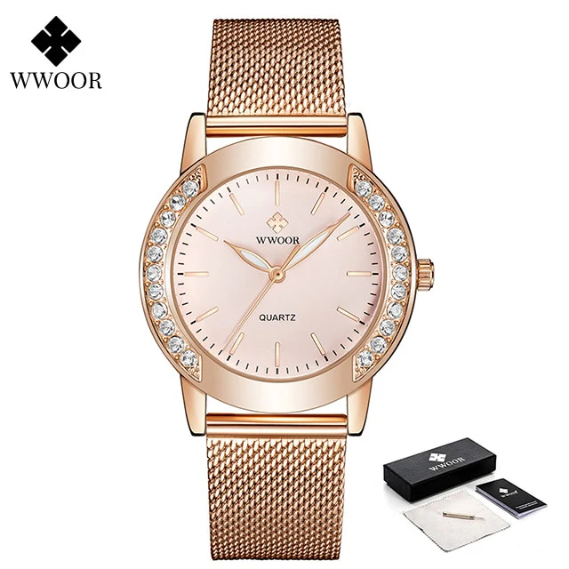 WWOOR Luxury Diamond Ladies Watches 2022 Top Brand Fashion Women Quartz Wrist Watch Rose Gold Mesh Band Bracelet Watch For Women - Image 3