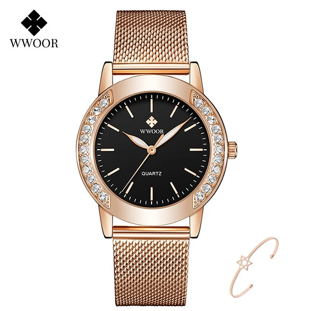 WWOOR Luxury Diamond Ladies Watches 2022 Top Brand Fashion Women Quartz Wrist Watch Rose Gold Mesh Band Bracelet Watch For Women - Image 4