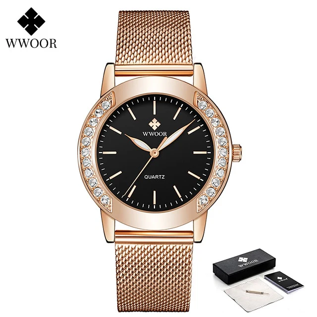 WWOOR Luxury Diamond Ladies Watches 2022 Top Brand Fashion Women Quartz Wrist Watch Rose Gold Mesh Band Bracelet Watch For Women - Image 5