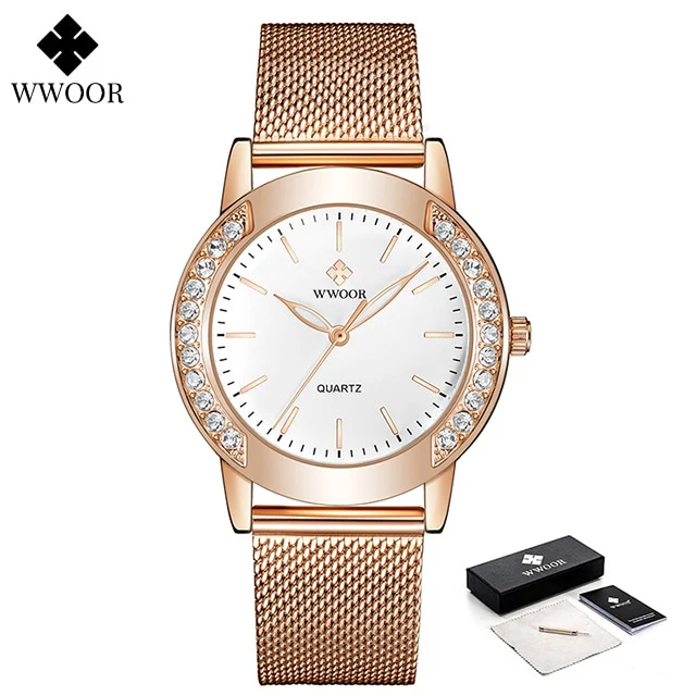 WWOOR Luxury Diamond Ladies Watches 2022 Top Brand Fashion Women Quartz Wrist Watch Rose Gold Mesh Band Bracelet Watch For Women - Image 6