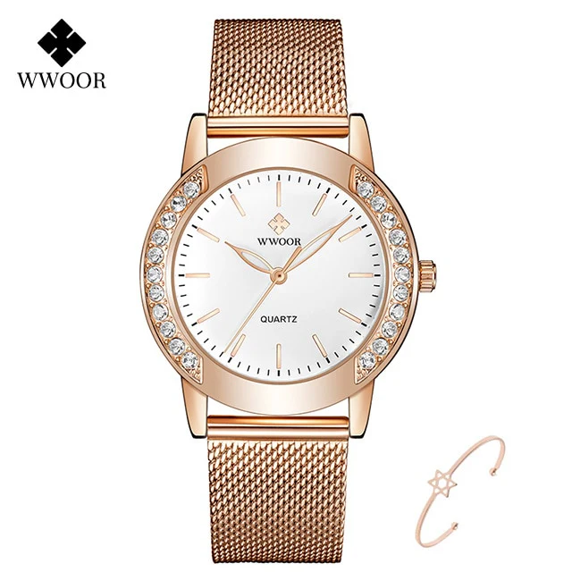WWOOR Luxury Diamond Ladies Watches 2022 Top Brand Fashion Women Quartz Wrist Watch Rose Gold Mesh Band Bracelet Watch For Women - Image 7