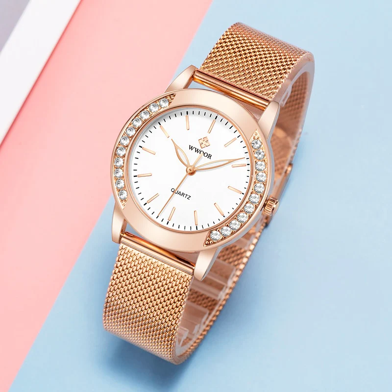 WWOOR Luxury Diamond Ladies Watches 2022 Top Brand Fashion Women Quartz Wrist Watch Rose Gold Mesh Band Bracelet Watch For Women - Image 8