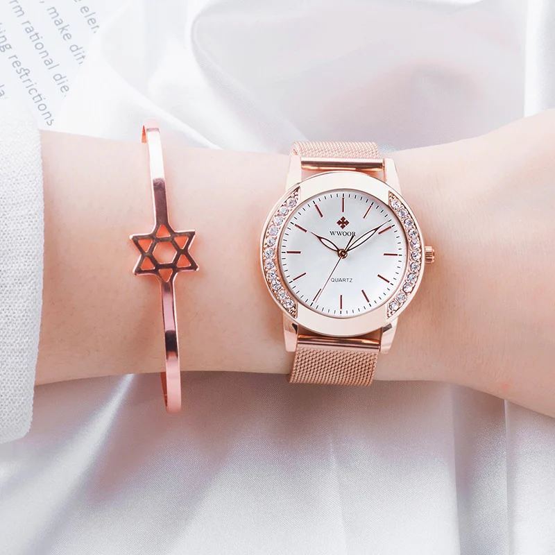 WWOOR Luxury Diamond Ladies Watches 2022 Top Brand Fashion Women Quartz Wrist Watch Rose Gold Mesh Band Bracelet Watch For Women - Image 9