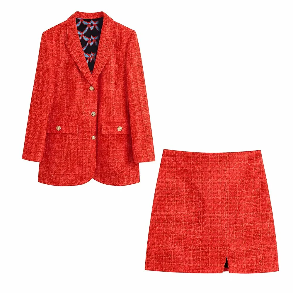 xikom 2021 Tweed Two pieces set Women red Vintage V Neck Long Sleeve Office Lady slim Blazer Coat Female Hight Waist skirt suit - Image 2