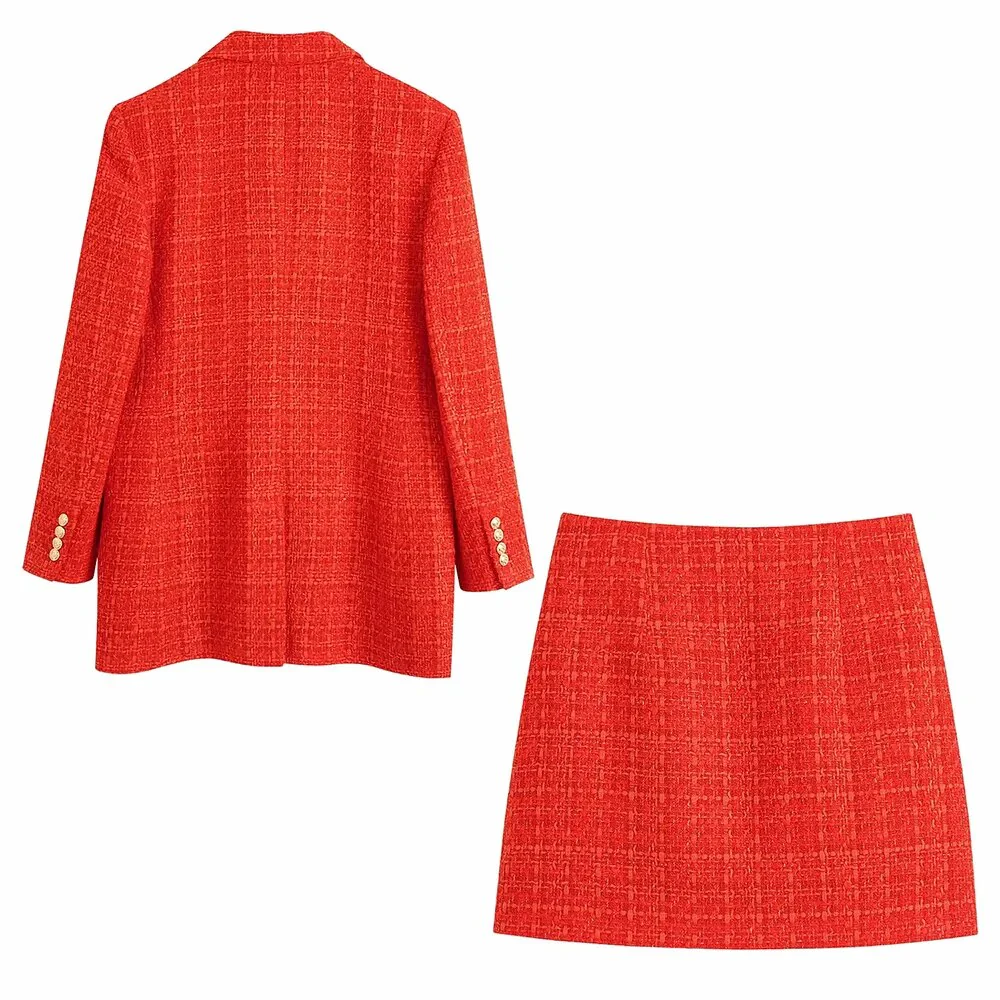 xikom 2021 Tweed Two pieces set Women red Vintage V Neck Long Sleeve Office Lady slim Blazer Coat Female Hight Waist skirt suit - Image 3