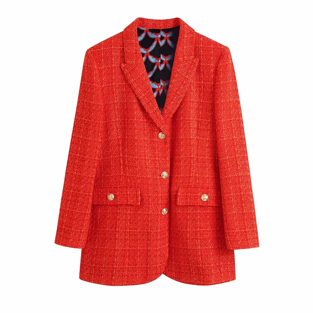 xikom 2021 Tweed Two pieces set Women red Vintage V Neck Long Sleeve Office Lady slim Blazer Coat Female Hight Waist skirt suit - Image 4