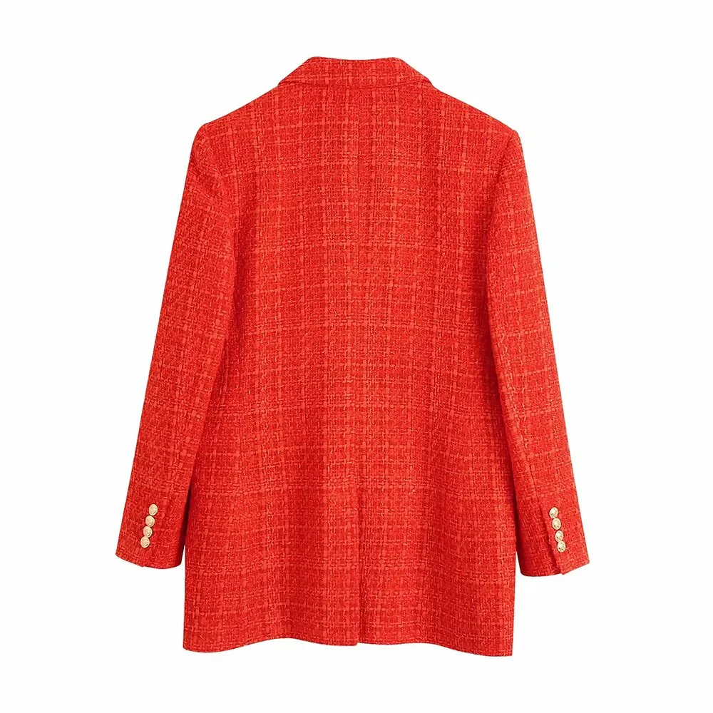 xikom 2021 Tweed Two pieces set Women red Vintage V Neck Long Sleeve Office Lady slim Blazer Coat Female Hight Waist skirt suit - Image 5