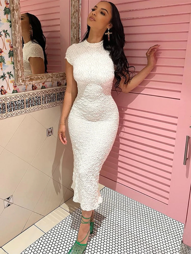 XIZOU Elegant Bodycon Maxi Dresses Women Summer Round Neck Short Sleeve Long Casual Dress See Through Female Party Evening Dress