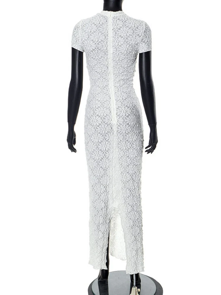 XIZOU Elegant Bodycon Maxi Dresses Women Summer Round Neck Short Sleeve Long Casual Dress See Through Female Party Evening Dress - Image 3
