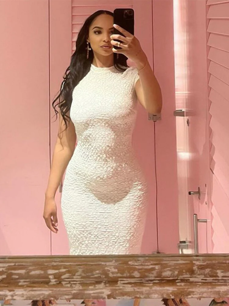 XIZOU Elegant Bodycon Maxi Dresses Women Summer Round Neck Short Sleeve Long Casual Dress See Through Female Party Evening Dress - Image 5