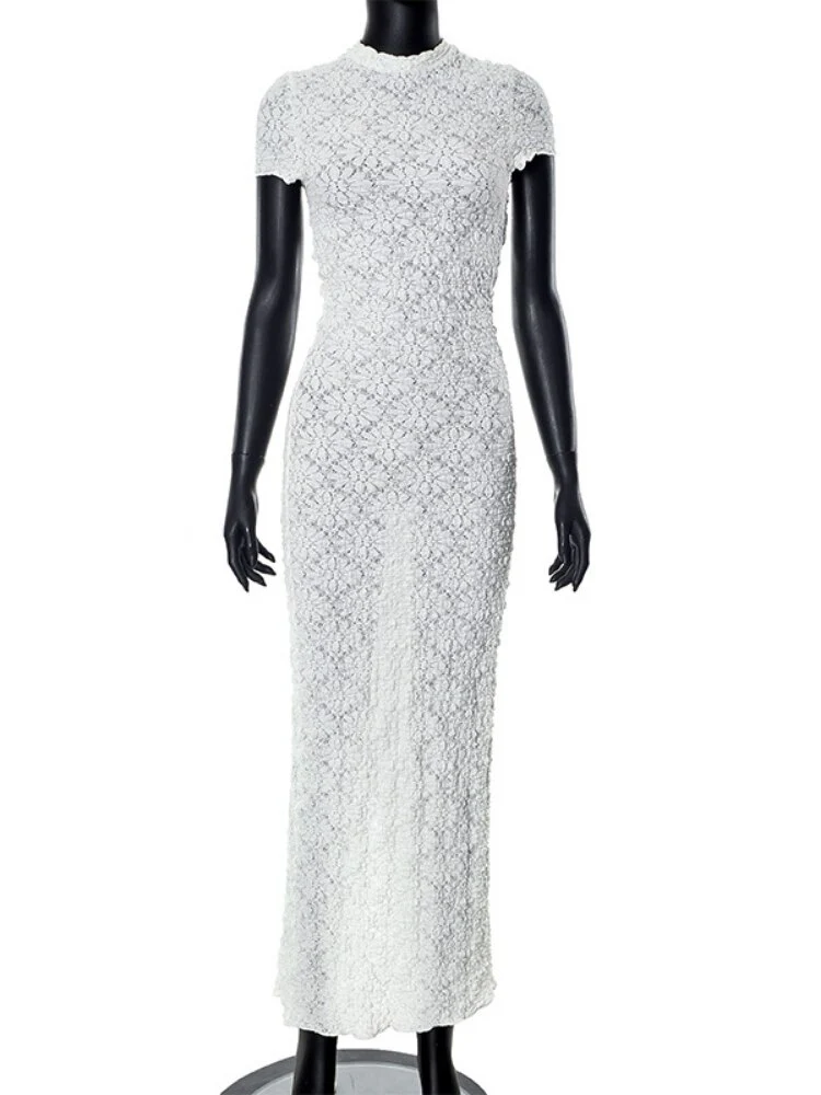 XIZOU Elegant Bodycon Maxi Dresses Women Summer Round Neck Short Sleeve Long Casual Dress See Through Female Party Evening Dress - Image 6
