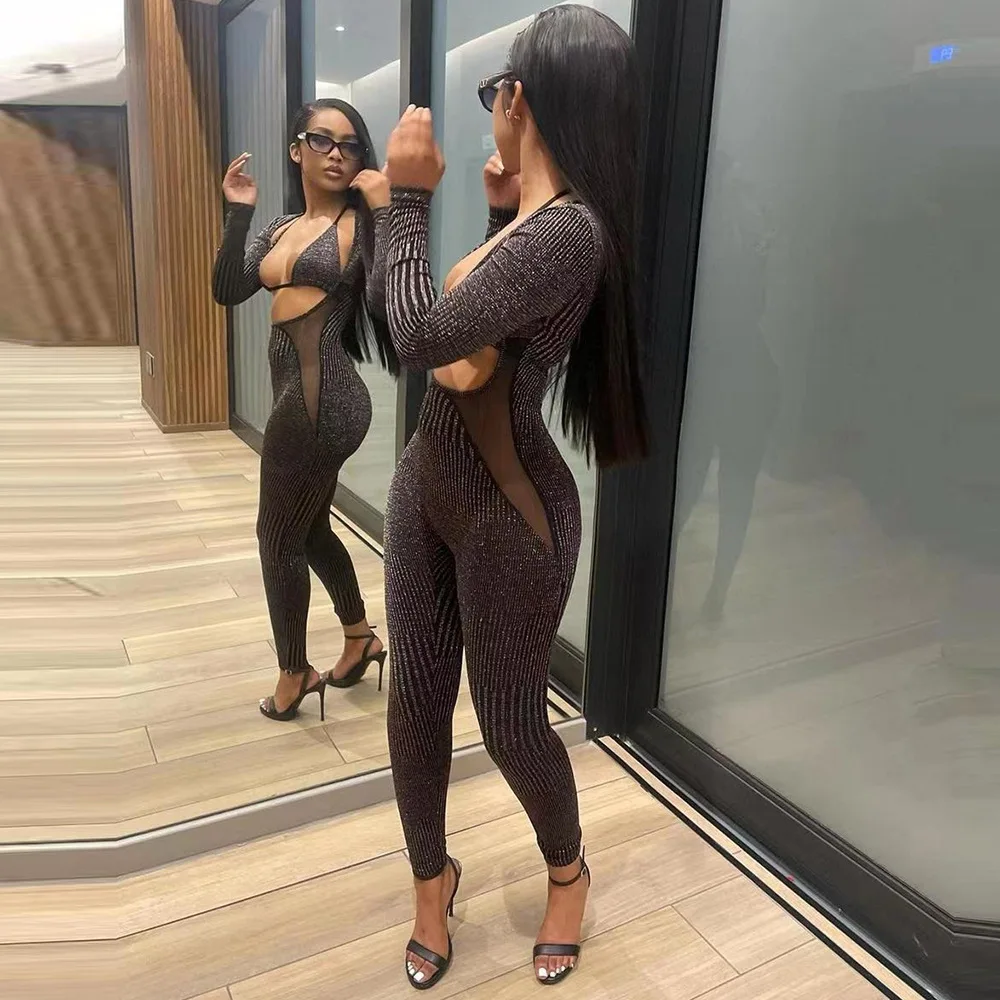 XUAN PhD Sexy Low Cut Long Sleeve Jumpsuits Women Mesh Patchwork Camisole One Piece Rompers 2022 Summer Fairy Gunge Clothes - Image 2
