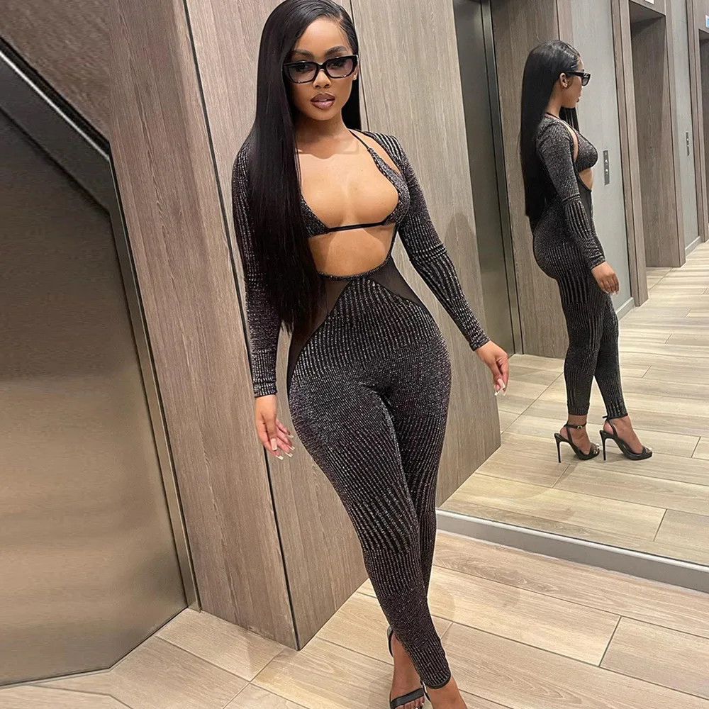 XUAN PhD Sexy Low Cut Long Sleeve Jumpsuits Women Mesh Patchwork Camisole One Piece Rompers 2022 Summer Fairy Gunge Clothes - Image 3