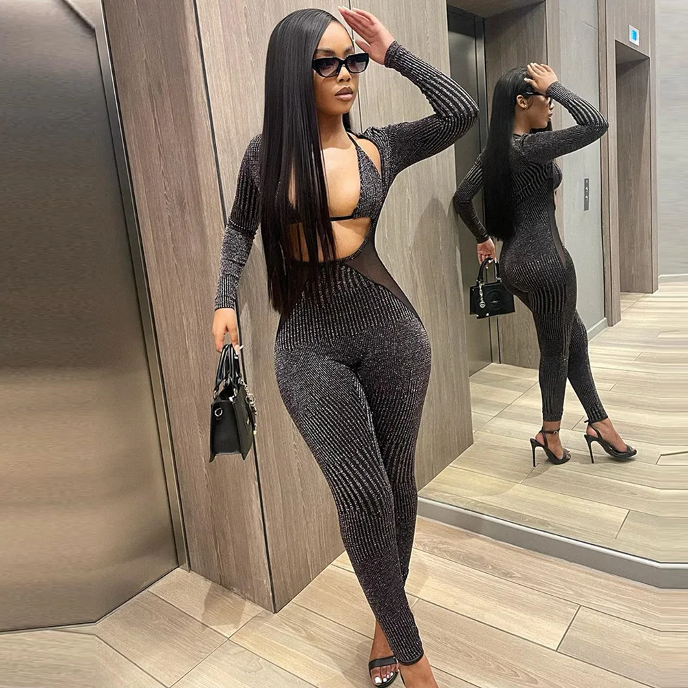 XUAN PhD Sexy Low Cut Long Sleeve Jumpsuits Women Mesh Patchwork Camisole One Piece Rompers 2022 Summer Fairy Gunge Clothes - Image 4