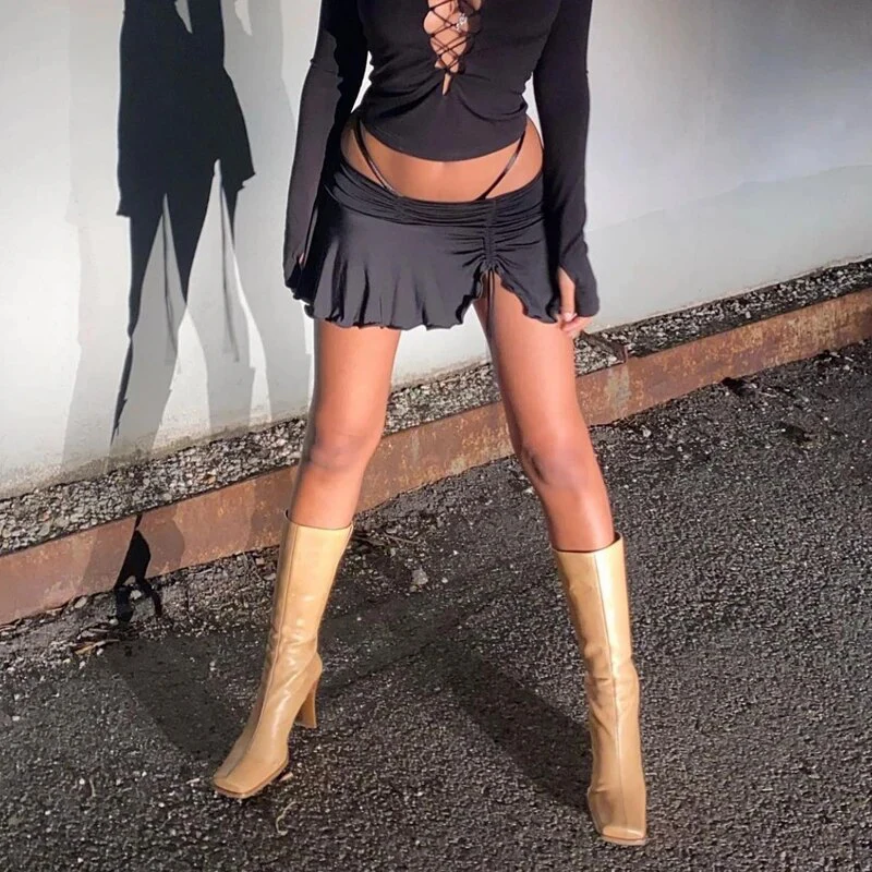 Y2K Aesthetic Low Waist Slim Fit Mini Skirt Women Summer Sexy Drawstring Irregular Ruffles Hem Short Skirt E-girl Streetwear - Image 4