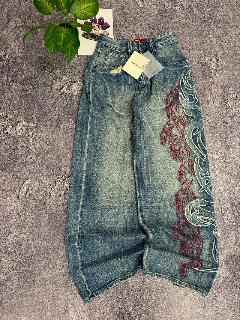 Y2K American New Pattern Embroidery Baggy Jeans Men High Street Vintage Hip Hop Fashion Casual Joker Couple Wide-leg Pants - Image 5
