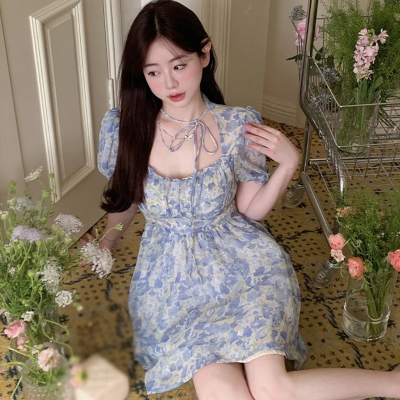 Sexy Y2k Mini Dress Summer Sweet Kawaii  Women Retro Floral Puff Sleeve Fairy Dress - Image 2