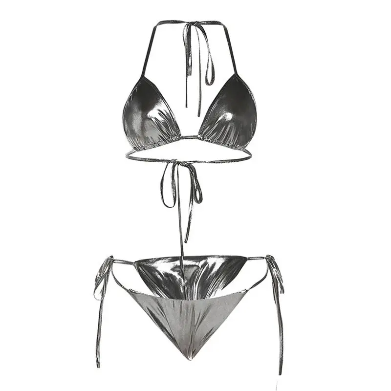 Y2k Women Swimsuit Two Pieces Silver Micro Bikinis Sets Fashion Lace-up Sexy Backless Swimwear Women Beach Bathing Suits 2023 - Image 3