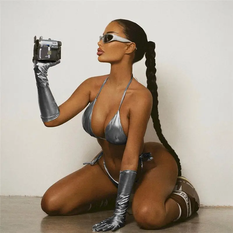 Y2k Women Swimsuit Two Pieces Silver Micro Bikinis Sets Fashion Lace-up Sexy Backless Swimwear Women Beach Bathing Suits 2023 - Image 5