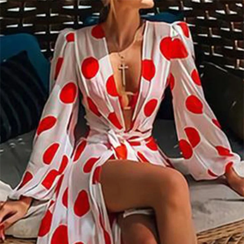 Yeezzi 2023 Polka-Dot Floral-Print Puff Sleeves Tunicshang Maxi Dress Sexy Deep V Beach Bohemia Dresses For Women - Image 4