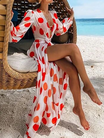 Yeezzi 2023 Polka-Dot Floral-Print Puff Sleeves Tunicshang Maxi Dress Sexy Deep V Beach Bohemia Dresses For Women - Image 5
