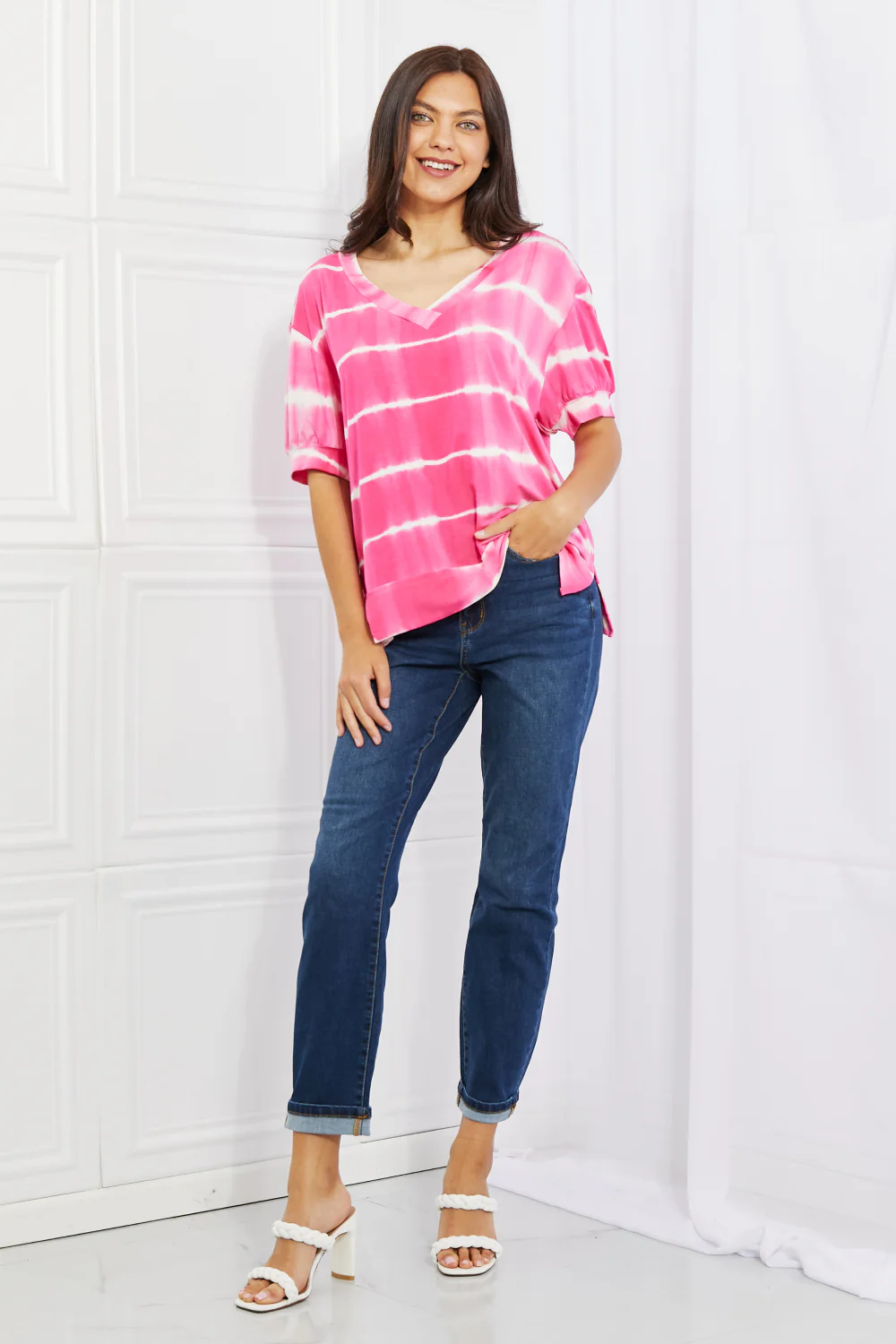 Yelete Full Size Oversized Fit V-Neck Striped Top - Image 12