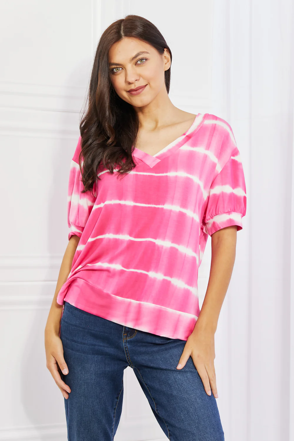 Yelete Full Size Oversized Fit V-Neck Striped Top - Image 8
