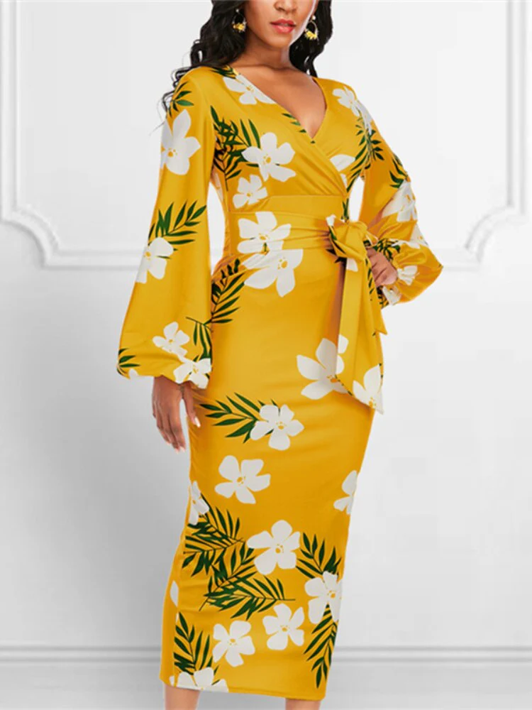 SEXY Yellow Printed Dress V Neck White Flower Long Lantern Sleeve - Image 4