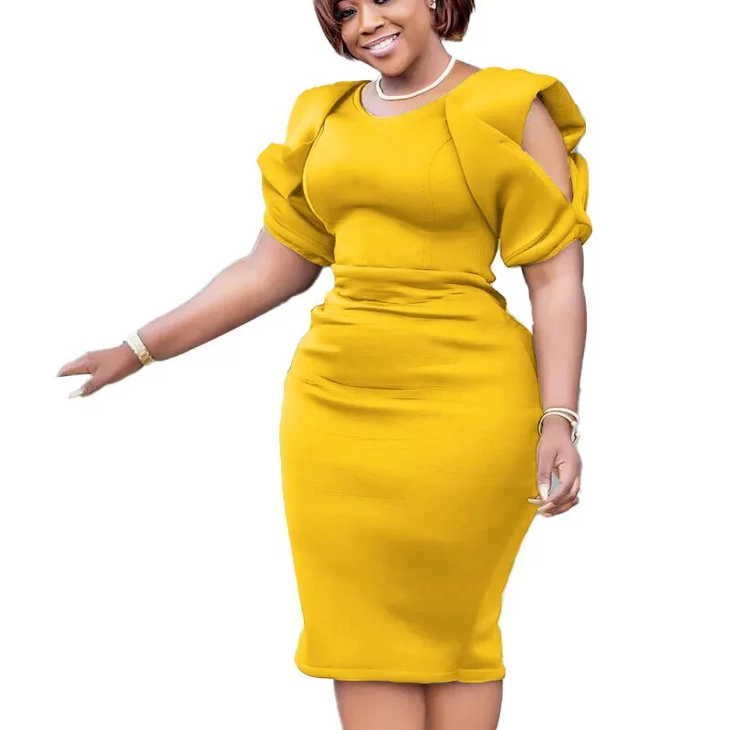 Yellow Red Green Polyester African Dresses for Women Summer African Women O-neck Short Sleeve Knee-length Dress African Clothes - Image 2