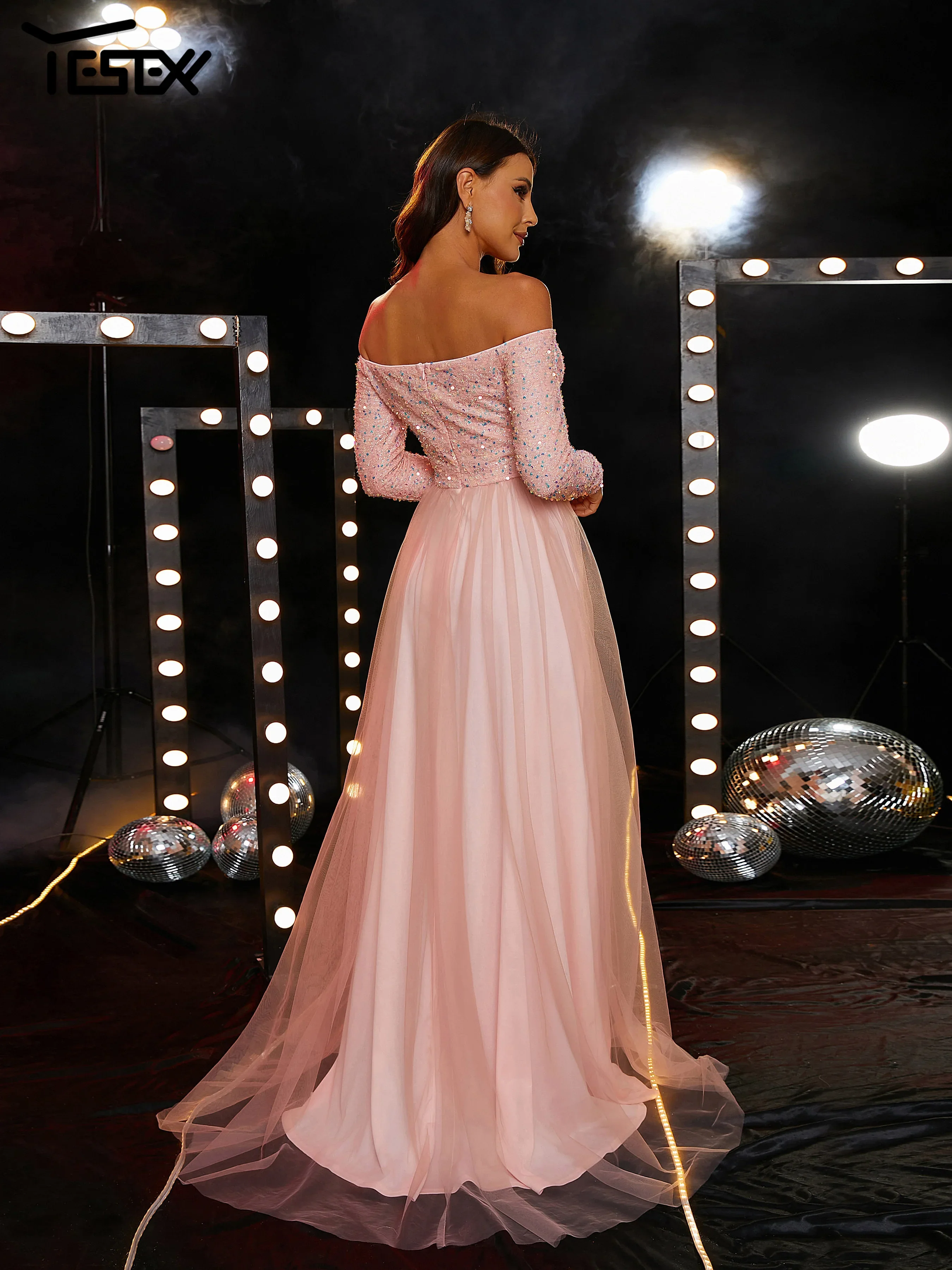 Yesexy New Off Shoulder Pink Sequin Split Mesh Wedding Cocktail Evening Prom Party Formal Occasion Dresses - Image 2