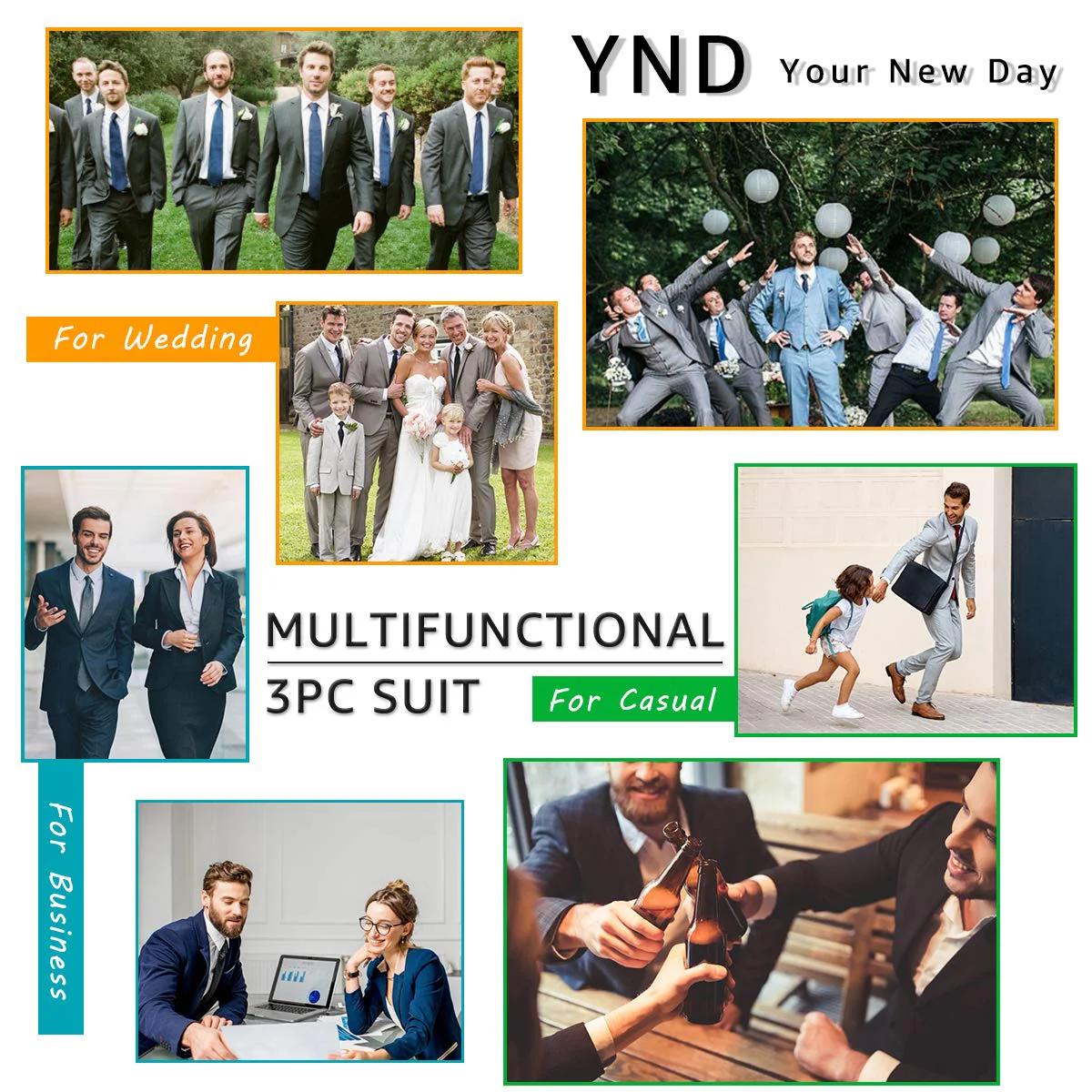 YND Men's Slim Fit 2 Button 3 Piece Suit Set, Blazer Jacket Vest Pants and Tie, Solid Wedding Dress Tux and Trousers White - Image 2