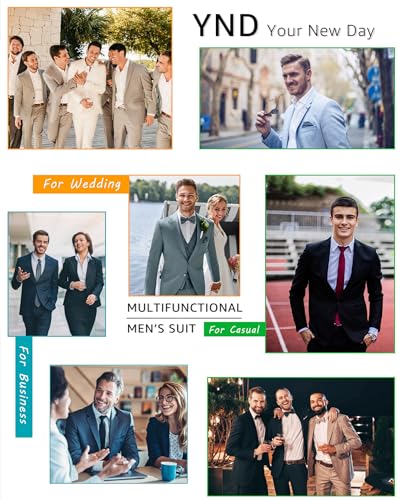 YND Men's Slim Fit 2 Piece Suit, One Button Jacket Pants Set with Tie, Solid Party Wedding Dress Blazer, Tux Trousers, Black - Image 2