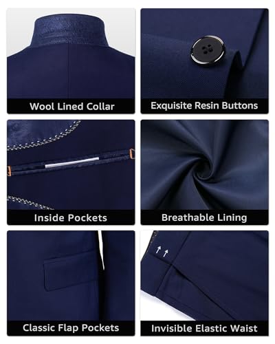 YND Men's Slim Fit 2 Piece Suit, One Button Jacket Pants Set with Tie, Solid Party Wedding Dress Blazer, Tux Trousers, Black - Image 3