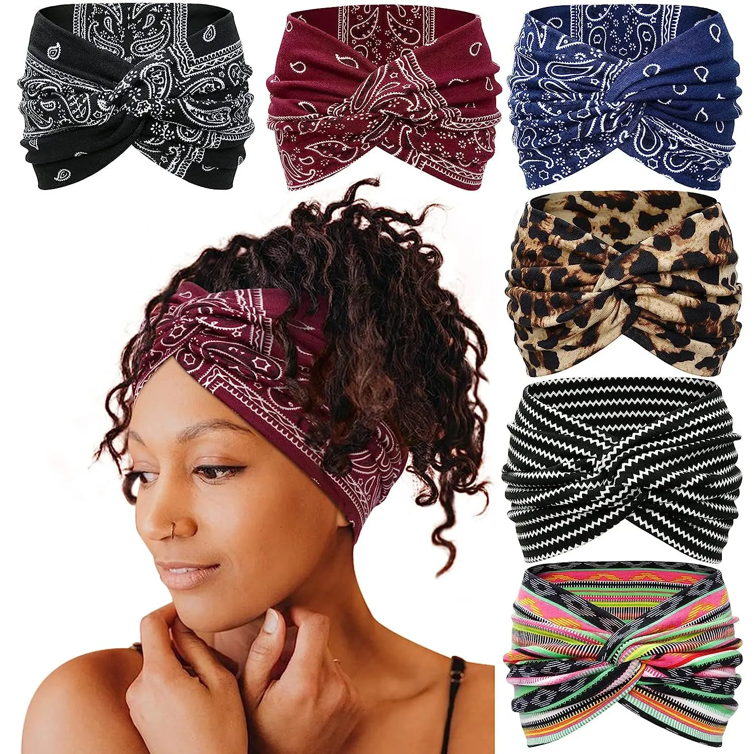 Yoga Headbands For Women's Hair Wide Thick Stretchy Boho African Turban Knotted Leopard Head Bands - Image 5