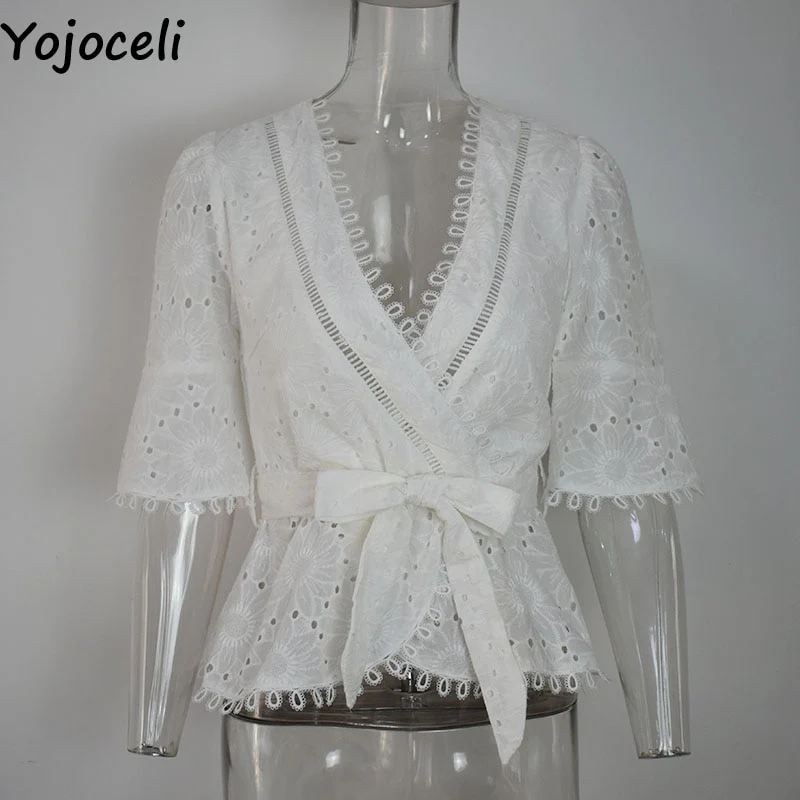 Yojoceli cotton embroidery lace blouses shirt women ruffle bow blusas female boho new blouses - Image 2