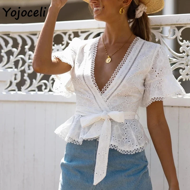 Yojoceli cotton embroidery lace blouses shirt women ruffle bow blusas female boho new blouses - Image 3