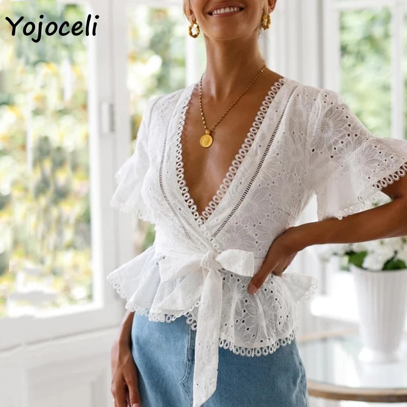 Yojoceli cotton embroidery lace blouses shirt women ruffle bow blusas female boho new blouses - Image 5
