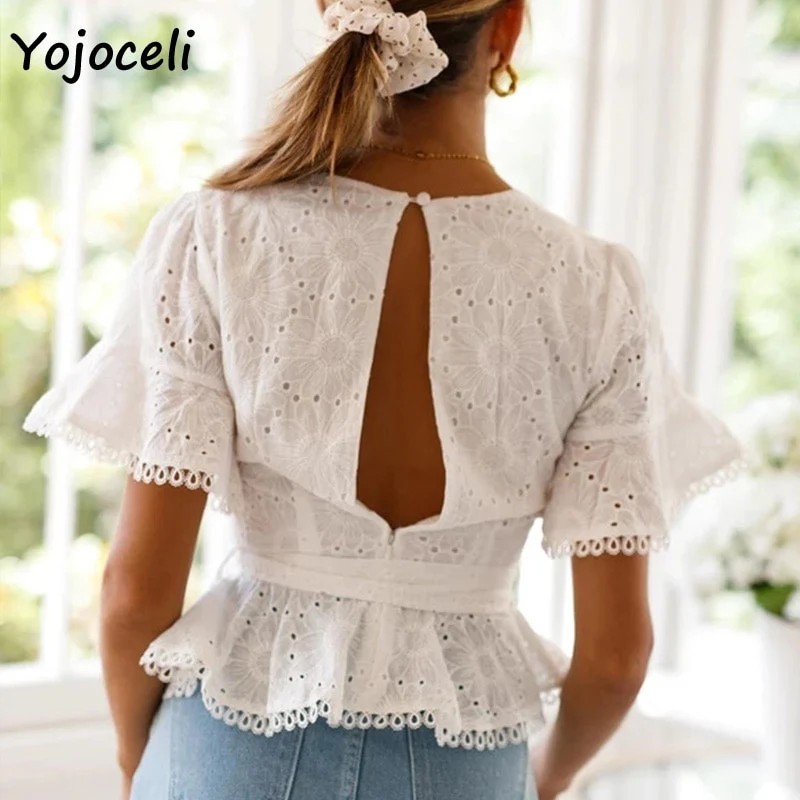 Yojoceli cotton embroidery lace blouses shirt women ruffle bow blusas female boho new blouses - Image 6