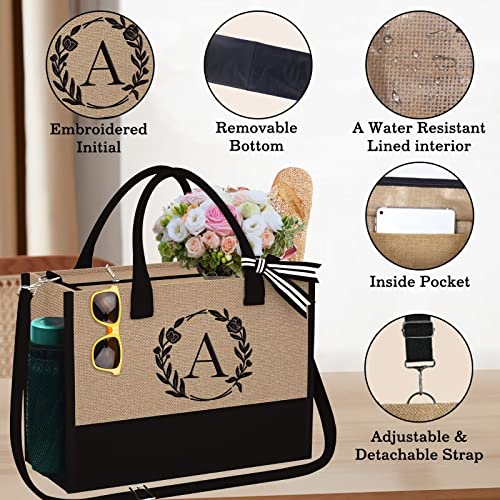 YOOLIFE Gifts for Women - Birthday Gifts for Women A Initial Jute Tote Beach Bag with Zipper Birthday Gifts for Women Friends Female Mom Sister Teacher Appreciation Gifts Bride Gifts - Image 6